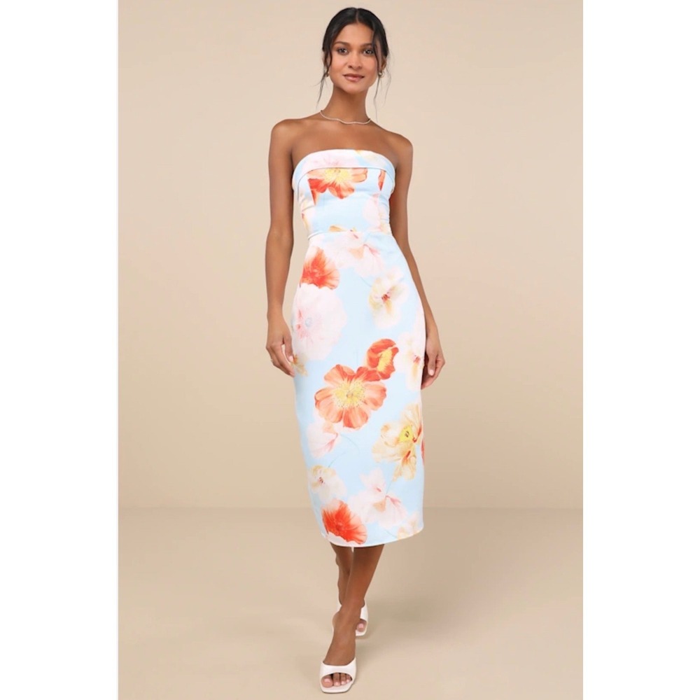 Lulus Floral Strapless Lace-Up Back Midi Dress Light Blue Orange DJ1480 Womens L